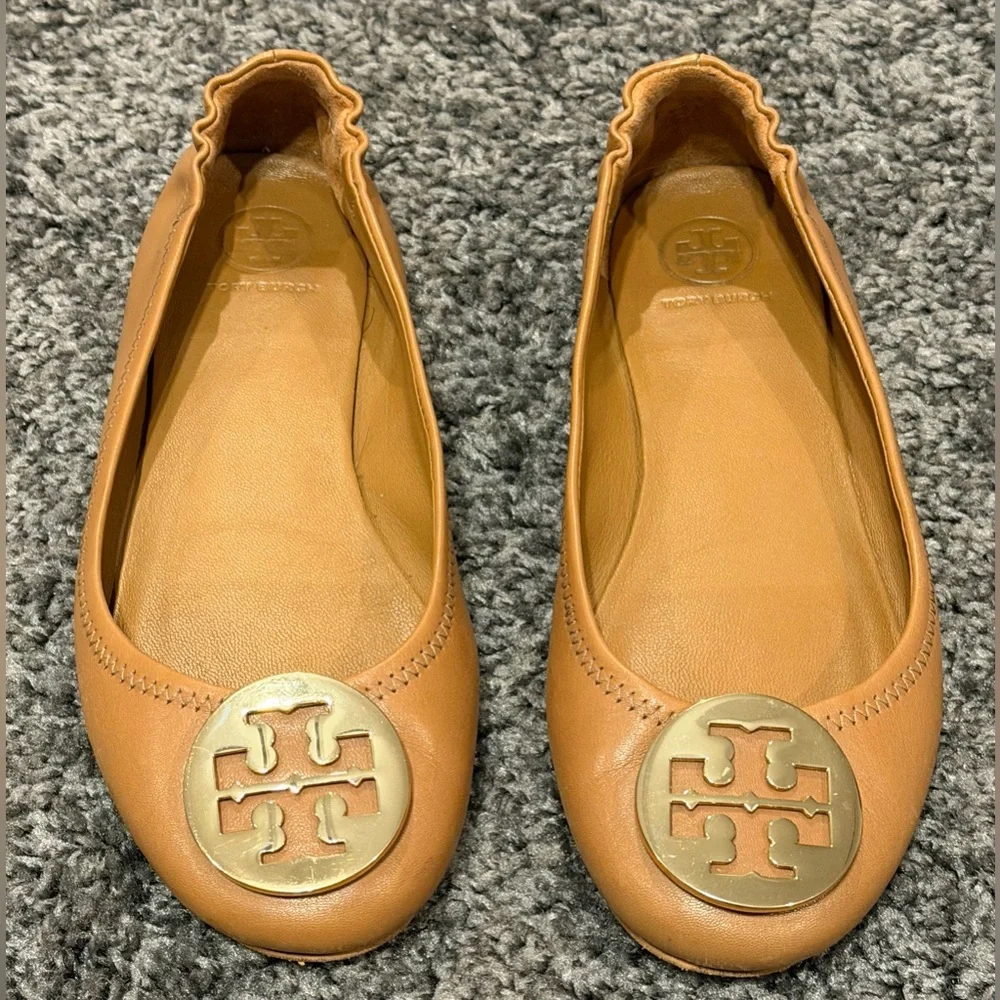 Tory Burch Minnie Travel Ballet Flat In Royal Tan/Gold Sz Womens 6.5